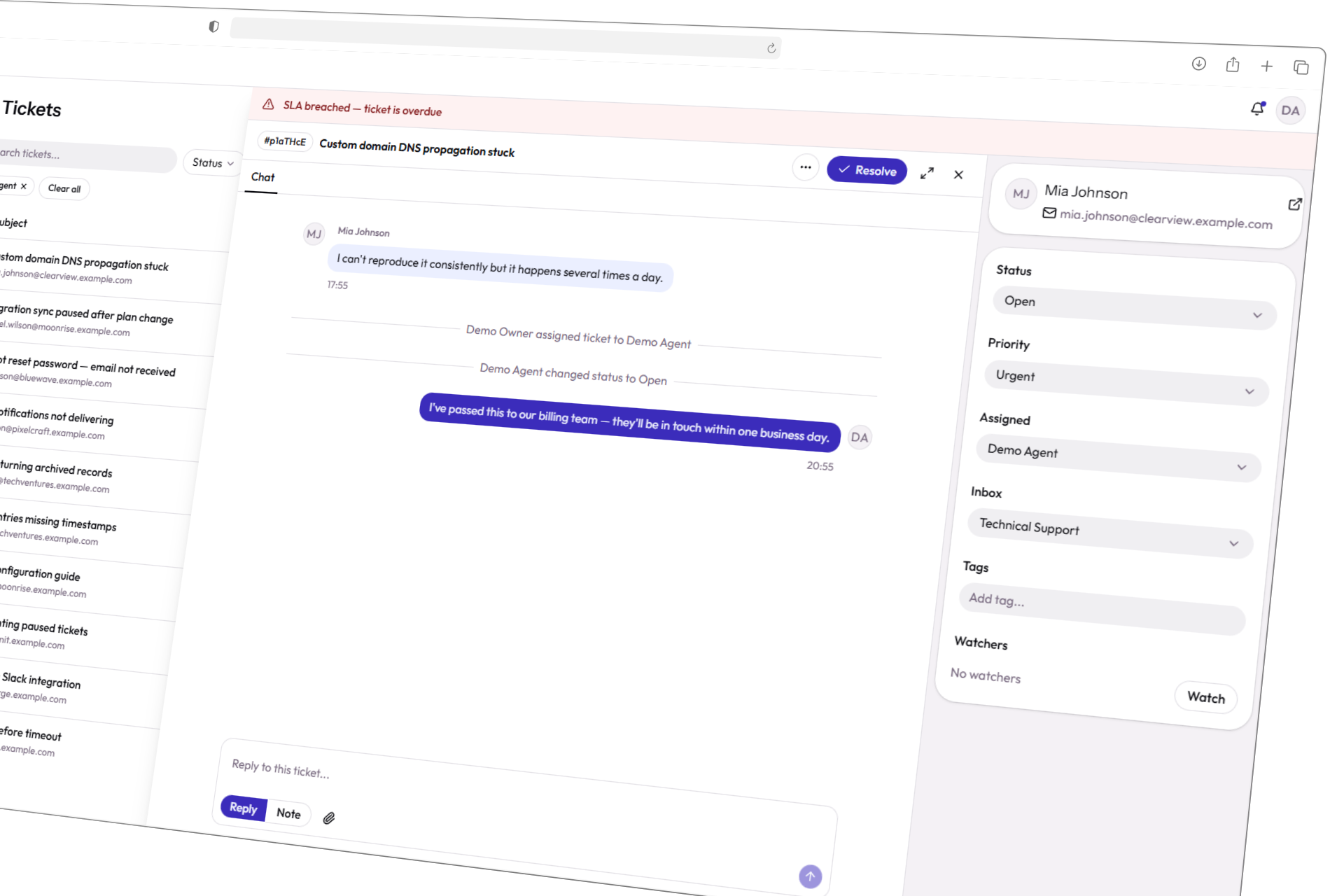 DeskFlow ticket detail with real-time chat thread and sidebar