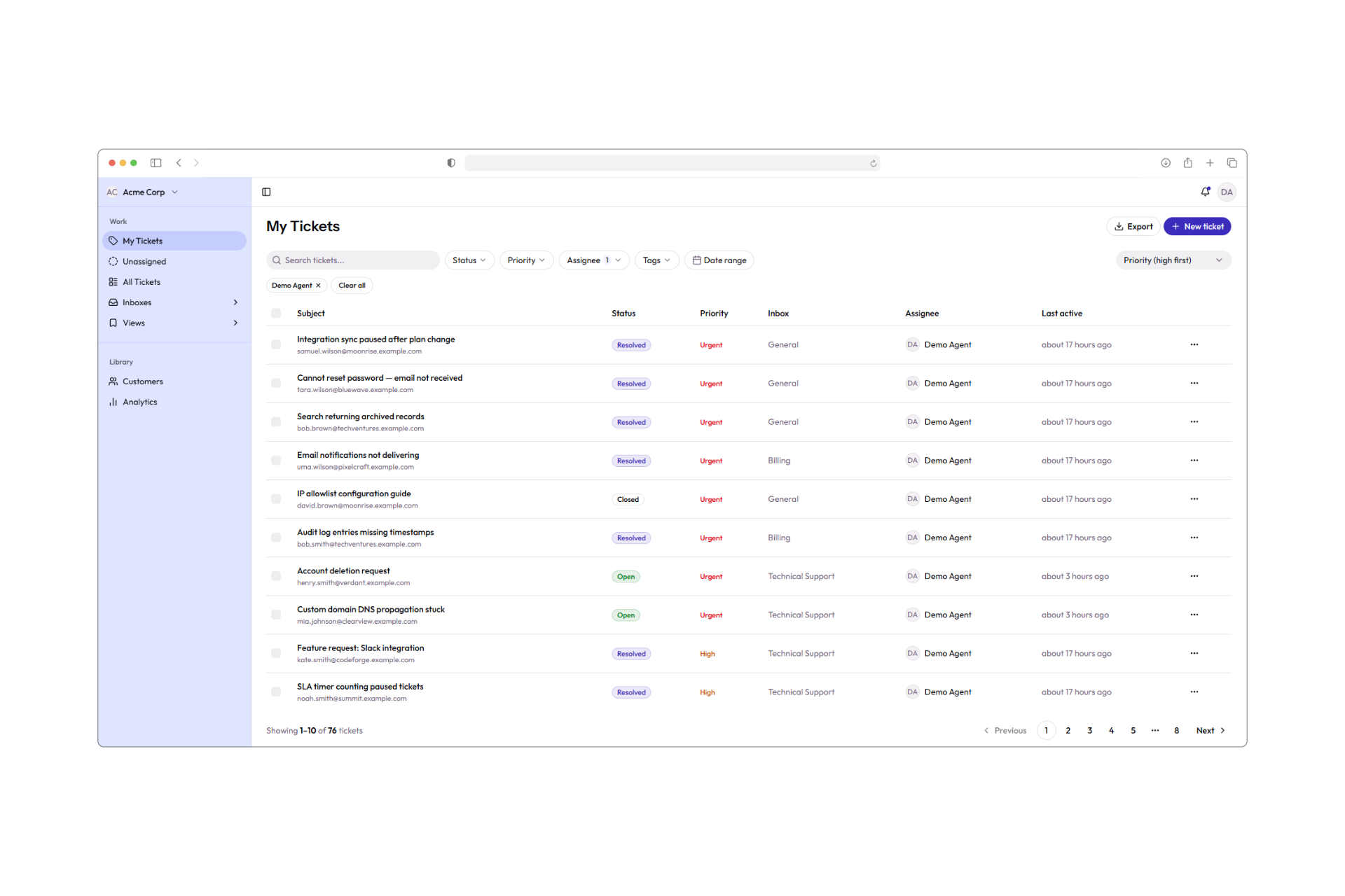 DeskFlow ticket list showing multi-tenant helpdesk interface